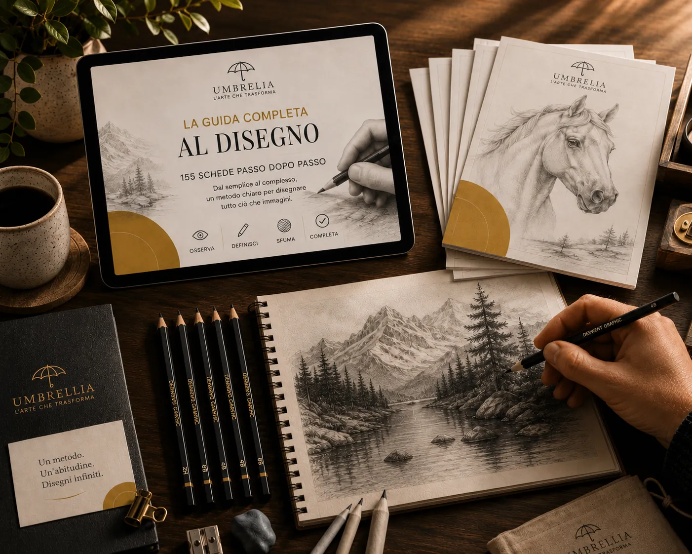 Mockup del pacchetto completo Umbralia: tablet e tavole stampate